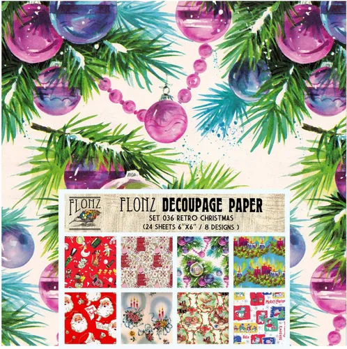 Paquete de papel para decoupage (24 hojas 15x15 cm) Decoraciones retro de Navidad FLONZ papel vintage para decoupage, manualidades y álbumes de Siete