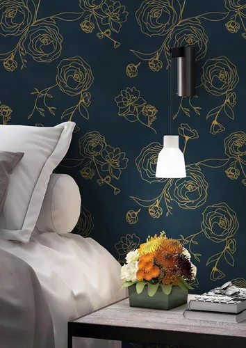 Miniatura 3 de Safiyya Papel tapiz de 118 x 17.3 pulgadas, papel de contacto dorado y azul, papel tapiz floral, autoadhesivo, extraíble, para cubrir dormitorios