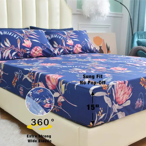 Miniatura 7 de JSD Juego de sábanas con estampado floral azul marino, 6 piezas, sábanas de microfibra suave con patrón botánico, bolsillo extra profundo