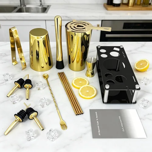Miniatura 5 de Juego profesional de coctelera con soporte y recetas de cócteles, kit de 15 piezas de 750/600ml para barman, juego de utensilios de bar, juego de Oro