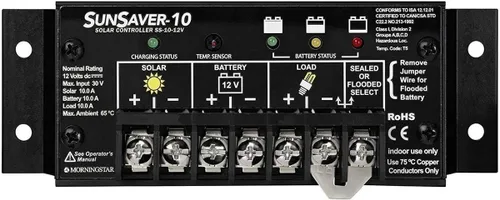 Morningstar SunSaver 10A PWM Controlador de carga solar (SS-10-12V) - Regulador de panel solar para baterías de 12V, carga de batería de cuatro