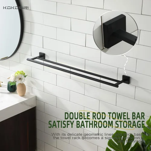 Miniatura 8 de KOKOSIRI Toalleros dobles de 32 pulgadas para baño, color negro mate, soporte para toallas de baño de 32 pulgadas para pared de baño, acero