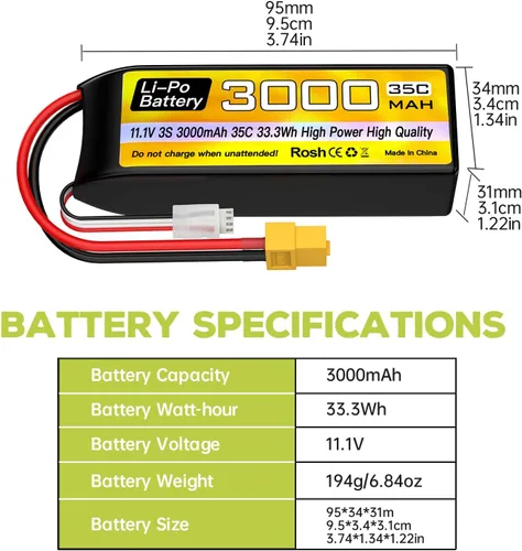 Miniatura 2 de 3S Lipo Batería 11.1 V 3000 mAh 35C con enchufe XT60 con cable de carga USB para RC Car Truck RC Barco Quadcopter FPV Drone