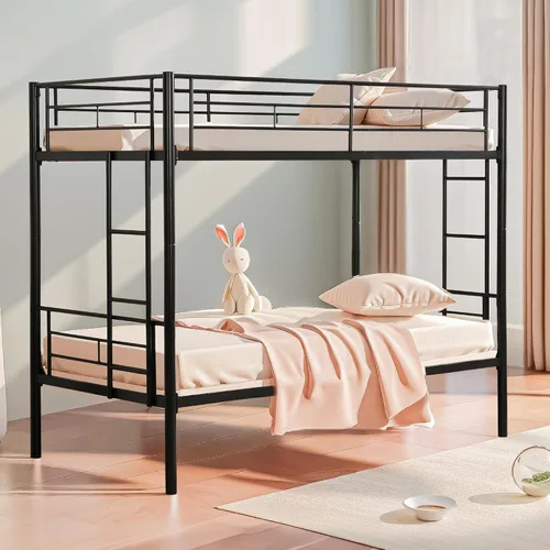 Miniatura 9 de HAUSHECK Literas individuales para 2 niños, litera individual sobre individual con dos escaleras laterales y barandillas de longitud completa