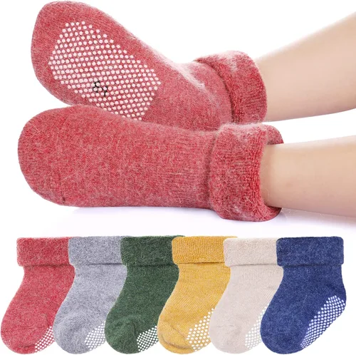 6 pares de calcetines antideslizantes para bebés y niñas, calcetines cálidos con agarres para niños pequeños, de lana gruesa y suave, para invierno
