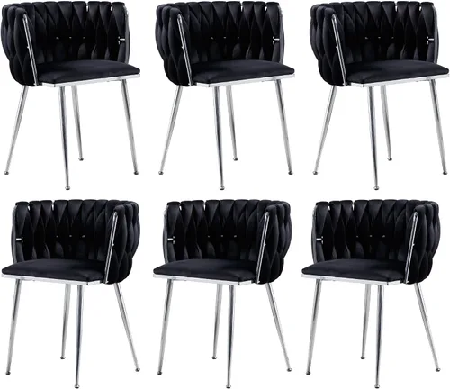 Miniatura 9 de Juego de 2 sillas de comedor de terciopelo, sillas laterales tapizadas tejidas con patas de metal negro, sillas decorativas modernas, sillas
