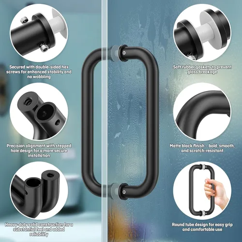 Miniatura 3 de Ranbo Manija tubular de puerta de ducha CTC negra mate de 8 pulgadas, acero inoxidable 304 de 1/4 a 1/2 pulgadas de grosor y puertas de madera