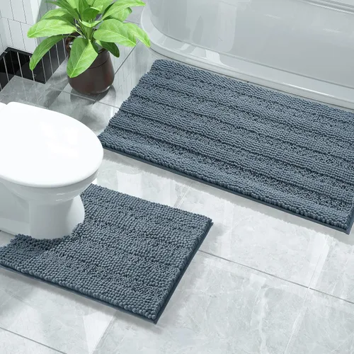 Miniatura 13 de Yimobra Juego de 2 alfombras de baño de felpilla suave y absorbente y alfombra para inodoro en forma de U, antideslizante, lavable a máquina