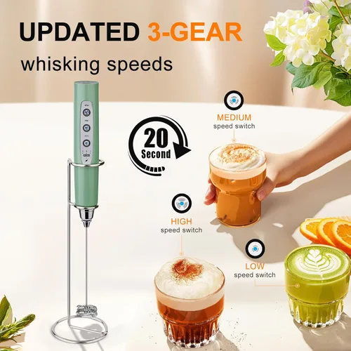 Miniatura 3 de YUSWKO - Espumador de leche recargable de granito para café con soporte, mezclador manual para bebidas con 3 cabezas, 3 velocidades, agitadores
