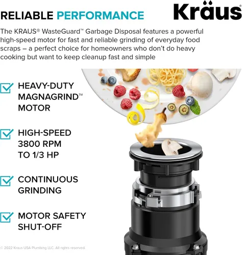 Miniatura 4 de KRAUS WasteGuard KWD100-33MBL - Triturador de basura ultra silencioso de 1/3 HP con conexión rápida, cubierta de drenaje para fregadero de cocina