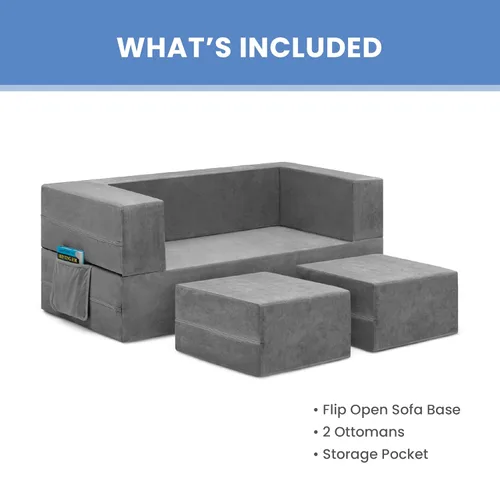 Miniatura 4 de Delta Children Sofá convertible y juego para niños y niños pequeños, sofá modular de espuma y tumbona abatible con 2 otomanas, color gris