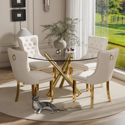 Miniatura 16 de Juego pequeño de mesa redonda con tapa de vidrio transparente para 2, 36'' Juego moderno de lujo para cenas circulares, 3 piezas Juego minimalista