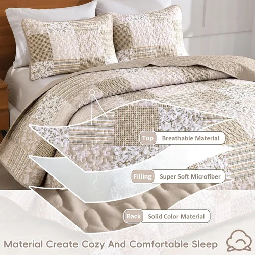 Miniatura 3 de Mybedsoul Juego de edredón bohemio beige tamaño individual, juego de colcha floral a cuadros de 3 piezas, juego de ropa de cama reversible