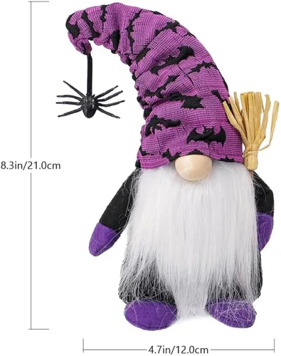Miniatura 5 de PRETYZOOM Muñeca sin rostro, gnomo de Halloween, decoración de felpa, gnomo de bruja de fieltro suave morado con barba gris, escoba de araña