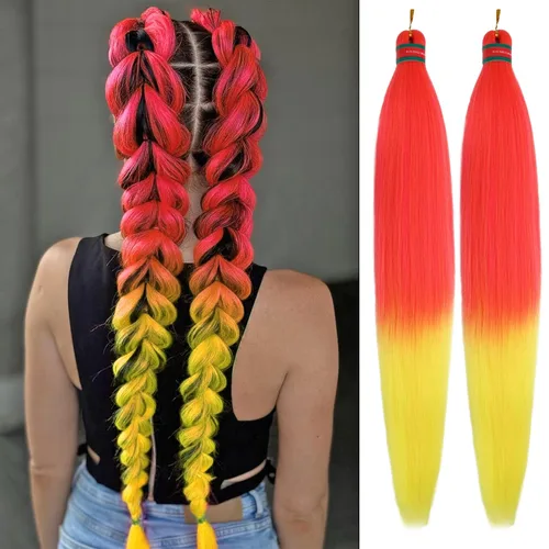 Miniatura 46 de Extensiones de cabello para trenzar verde+verde claro, preestiradas, 2 paquetes, con cabello plumoso pre-trenzado, extensiones de cabello