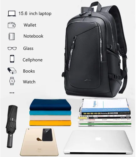 Miniatura 5 de DYJ Mochila de cuero vegano para laptop para mujeres y hombres, mochilas de viaje vintage de poliuretano con puerto de carga USB para laptop de 17