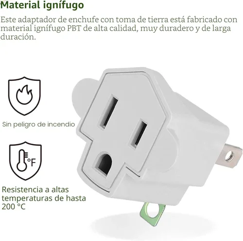 Miniatura 4 de JACKYLED - Clavija convertidora de 3 a 2 navajas, adaptador de toma a tierra. Convertidor de pared de material ignífugo resiste hasta 392 °F