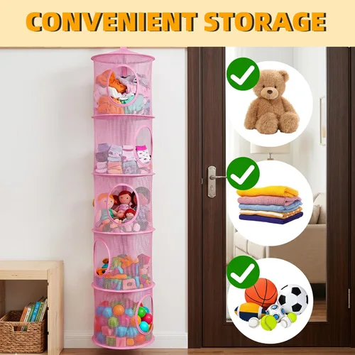 Miniatura 6 de Red de Animales de Peluche o Hamaca de Red de Juguetes, Almacenamiento Plegable de Animales de Peluche con 5 Compartimentos, Organizador de Rosa