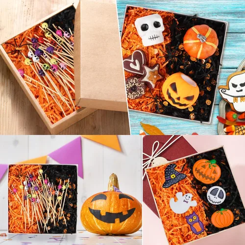 Miniatura 6 de LOMIMOS Papel de rafia de Halloween de 15.87 oz/1 libra, triturado negro y naranja con confeti de calabaza para envolver regalos, manualidades
