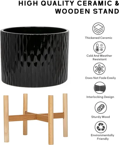 Miniatura 3 de LaDoVita Maceta de cerámica con soporte, maceta de 10 pulgadas con estante de madera, macetas redondas modernas para interiores con soporte