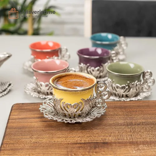 Miniatura 2 de Alisveristime Juego de 12 tazas de café turco griego árabe, plato de porcelana (color dorado mezclado)