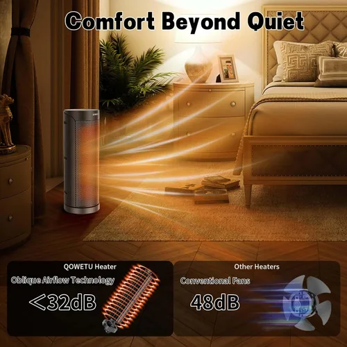 Miniatura 5 de QOWETU - Calentador de espacio portátil para uso en interiores con control remoto, calentador eléctrico oscilante de 70°, 17 pulgadas, temporizador