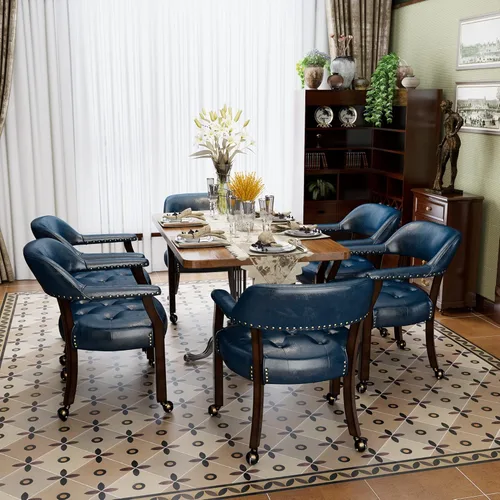 Miniatura 22 de Juego de 8 sillas de cuero de comedor con ruedas y brazos, silla de capitán Accent con ruedas, sillas de madera con ruedas enrollables para cocina