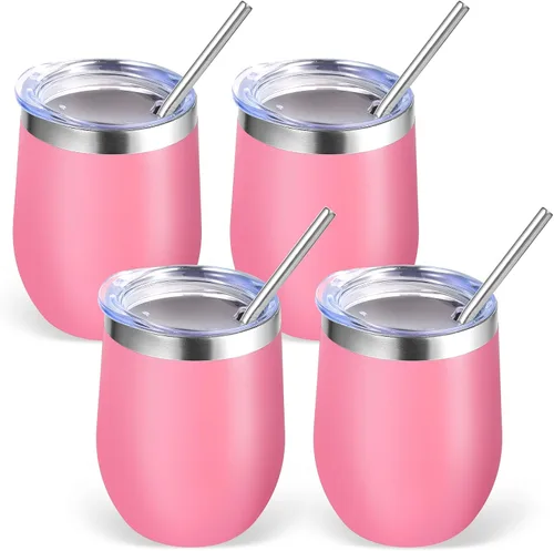 Miniatura 60 de Volhoply - Juego de 12 vasos de vino de 12 onzas con tapa, hechos de acero inoxidable con aislamiento al vacío de doble pared, vasos de vino sin Rosa
