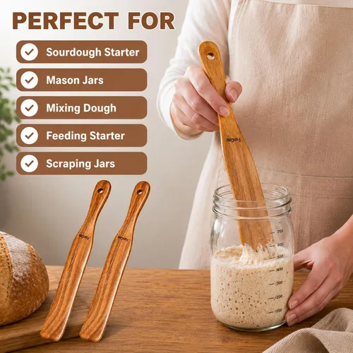 Miniatura 2 de Paquete de 2 Spurtle de madera para masa madre, mezcla, alcanzar el fondo del frasco, batidor de masa, espátula de frasco de mango largo