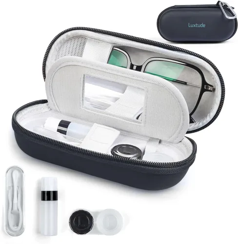 Luxtude Estuche para Lentes de Contacto, Lindo Estuche para Gafas y Lentes de Contacto 2 en 1, Espejo Incorporado y Pinza y Botella de Solución para