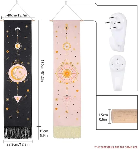 Miniatura 5 de Ochine Paquete de 2 tapices de fase lunar para colgar en la pared, tapices bohemios, fases blancas y negras, decoración del hogar para sala de estar