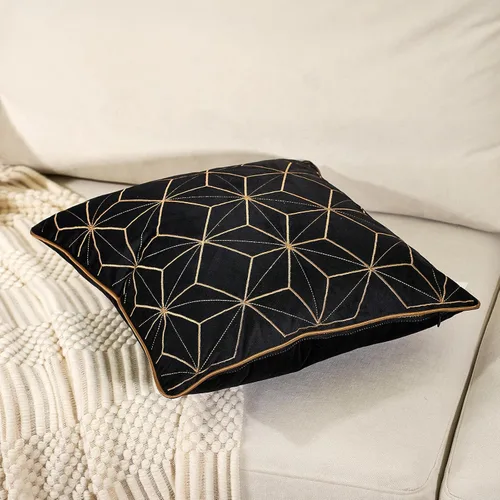 Miniatura 3 de Funda de cojín Aeckself, terciopelo geométrico negro, 18 x 18 pulgadas, bordado de cuadros dorados, funda de cojín cuadrada moderna y decorativa