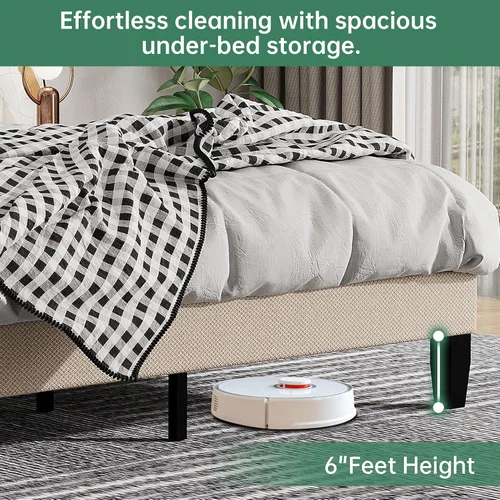 Miniatura 7 de Base de cama tamaño Queen con cabecera tapizada, base de cama de plataforma con cabecera suave de lino de altura ajustable, 10 piezas de soporte