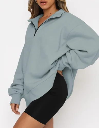 Miniatura 2 de AUTOMET Sudaderas de gran tamaño para mujer, sudaderas con capucha con cremallera de medio cuarto de largo, suéteres de manga larga