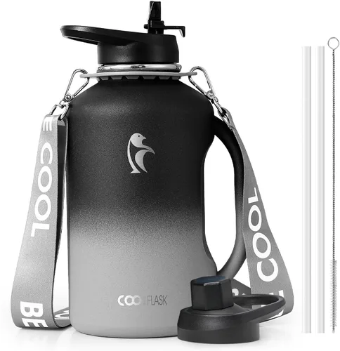 Miniatura 13 de Coolflask - Botella de agua aislada de 64 onzas, jarra de agua de medio galón con asa, popote de acero inoxidable, doble pared, de metal al vacío