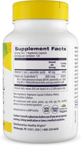 Miniatura 2 de Healthy Origins Metil Folato de 800 mcg (quatrefolic, no OMG, folato biodisponible, sin gluten, soporte neurotransmisor), 120 cápsulas vegetales