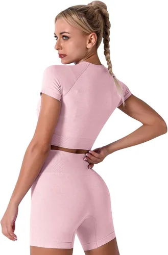 Miniatura 5 de Conjunto de 3 piezas de yoga sin costuras para mujer, camiseta corta de manga corta, brasier deportivo para gimnasio, cintura alta, pantalones