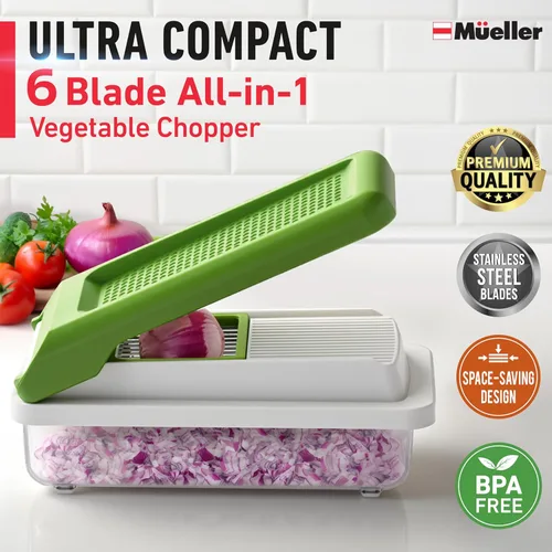Miniatura 2 de Mueller Cortador de verduras de 9 cuchillas, mandolina para rebanar, picador de verduras, rallador de queso, cortador de cebolla con recipiente