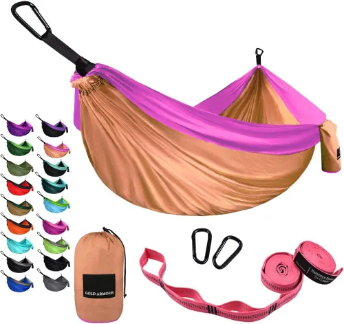 Miniatura 18 de Gold Armour hamaca de campamento, de tela de paracaídas, de marca estadounidense, tamaño único, 2 correas para árbol, 10 trabillas/20 pies Gris/Azul