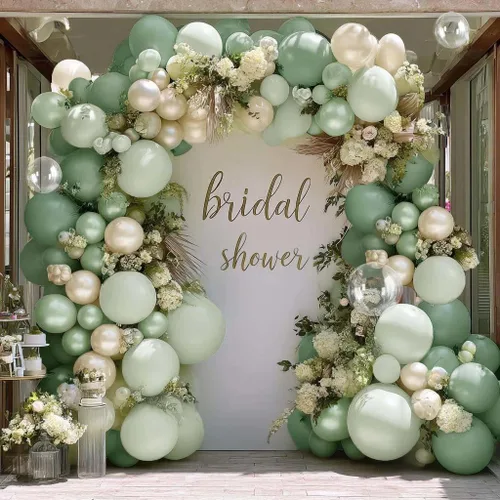 Guirnalda de doble relleno de arco de globos verde salvia para decoración de fiesta de baby shower | Olive green White Sand Balloon Garland with