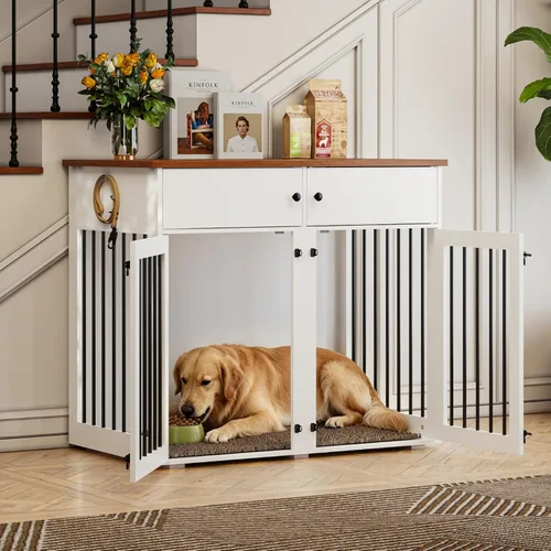 Miniatura 6 de Mueble de jaula para perros grande, perrera de interior de 41 pulgadas con divisor removible y puertas dobles, jaulas de madera para perros para 2