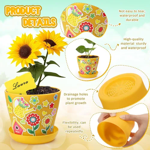 Miniatura 2 de Capoda Juego de 24 macetas de jardín, kit de manualidades, macetas de plástico de primavera para vivero con calcomanías, tablas de crecimiento
