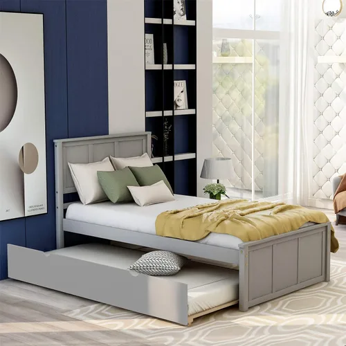 Miniatura 3 de Cama de plataforma individual con nido, marco de cama de madera con cabecero, no necesita somier, fácil montaje, gris