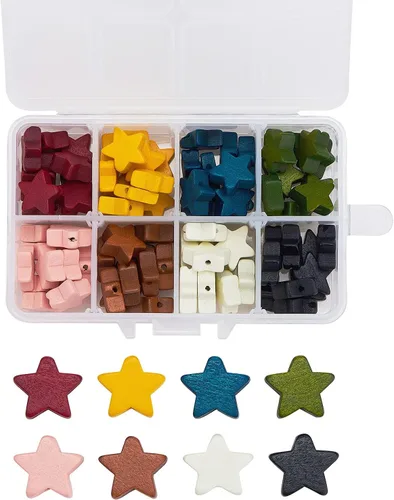 Airssory 80 cuentas espaciadoras en forma de estrella de madera natural pintadas de 8 colores para abalorios, aretes, gargantilla, pulsera, collar,