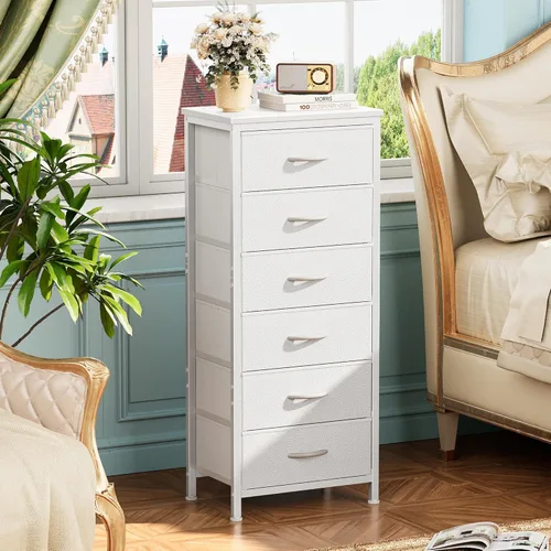 Miniatura 5 de Huuger Cómoda alta para dormitorio, cómoda estable de 7 cajones con dispositivo antipunta, cajones de piel sintética y tela, mesita de noche alta