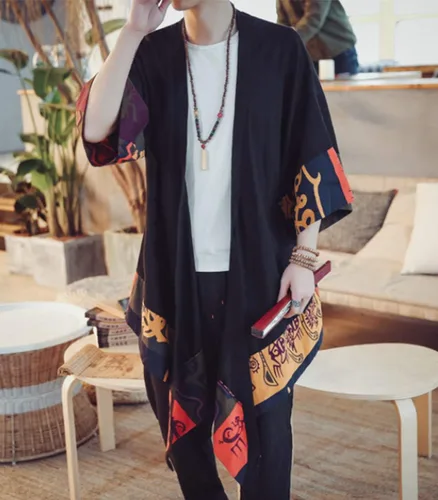 Miniatura 3 de HZCX FASHION Chaqueta tipo kimono larga de lino y algodón para hombre