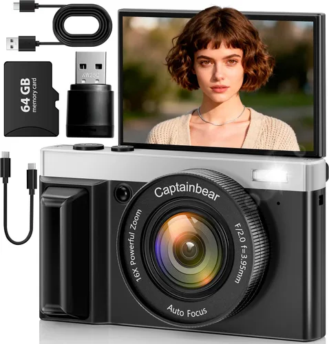 Cámara digital 4K, cámaras de 64MP para fotografía con zoom digital de 16X, cámara de vlogging con enfoque automático para YouTube, cámara compacta