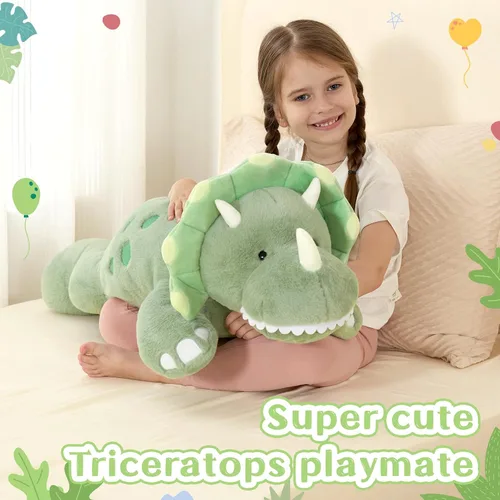 Miniatura 2 de Tezituor Animales de peluche de dinosaurio de 5 libras, 32 pulgadas, gran relleno verde de dinosaurio triceratops, juguete que brilla