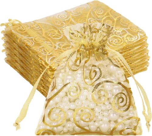 Miniatura 8 de G2PLUS Bolsas de regalo de organza de 4 x 6 pulgadas, 50 bolsas de organza de malla transparente con estampado de ratán dorado, bolsas de joyería