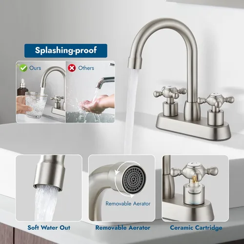 Miniatura 5 de Juego central de 4 pulgadas, grifo mezclador de lavabo de baño de doble manija cruzada, montaje en cubierta, estilo vintage, casa de campo, lavabo